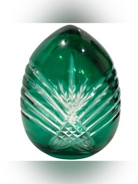 Vintage 1980s Art Deco Bohemian Emerald Green Cut to Clear Glass Egg Paperweight